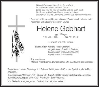 Anzeige von Helene Gebhart von Schwäbische Zeitung