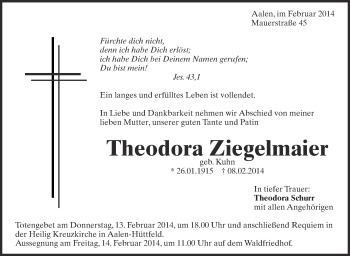 Anzeige von Theodora Ziegelmaier von Schwäbische Zeitung