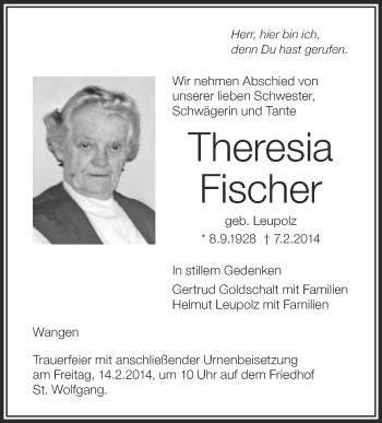 Anzeige von Theresia Fischer von Schwäbische Zeitung