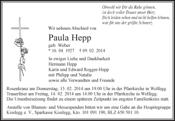 Anzeige von Paula Hepp von Schwäbische Zeitung