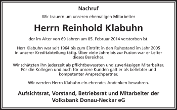 Anzeige von Reinhold Klabuhn von Schwäbische Zeitung