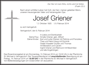 Anzeige von Josef Griener von Schwäbische Zeitung