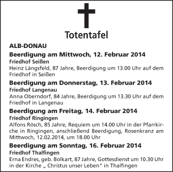 Anzeige von Totentafel vom 12.02.2014 von Schwäbische Zeitung