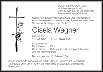 Anzeige von Gisela Wagner von Schwäbische Zeitung