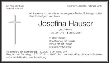 Anzeige von Josefina Hauser von Schwäbische Zeitung