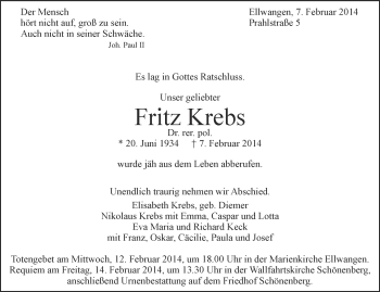 Anzeige von Fritz Krebs von Schwäbische Zeitung