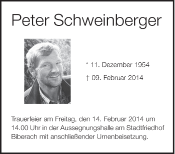Anzeige von Peter Schweinberger von Schwäbische Zeitung