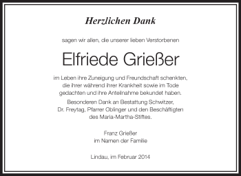 Anzeige von Elfriede Grießer von Schwäbische Zeitung