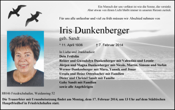 Anzeige von Iris Dunkenberger von Schwäbische Zeitung