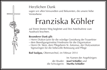 Anzeige von Franziska Köhler von Schwäbische Zeitung