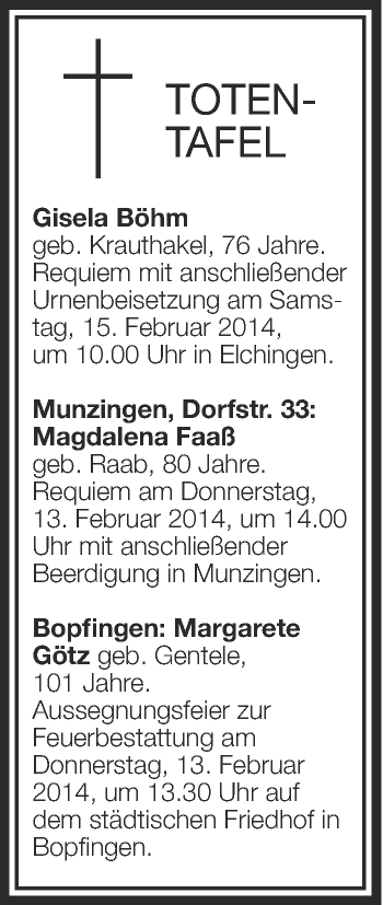 Anzeige von Totentafel vom 12.02.2014 von Schwäbische Zeitung