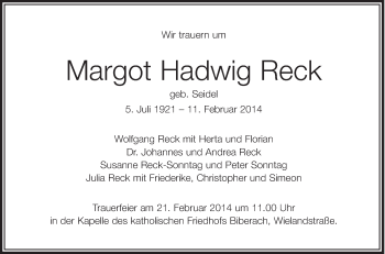 Anzeige von Margot Hadwig Reck von Schwäbische Zeitung