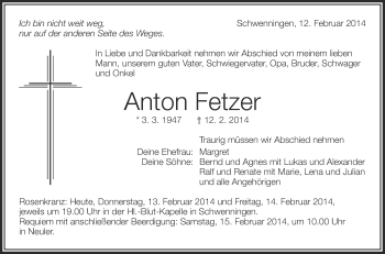 Anzeige von Anton Fetzer von Schwäbische Zeitung