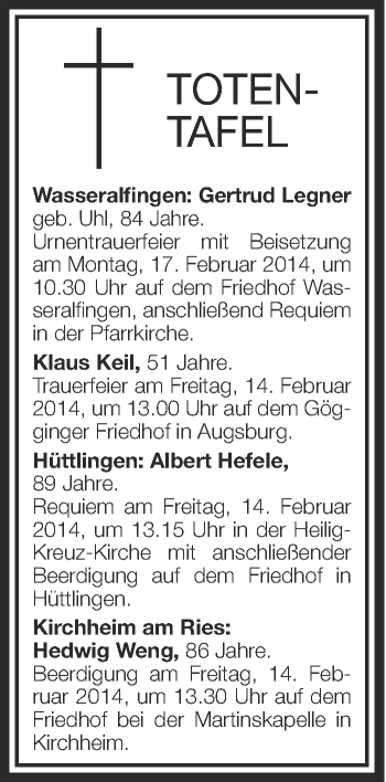 Anzeige von Totentafel vom 12.02.2012 von Schwäbische Zeitung