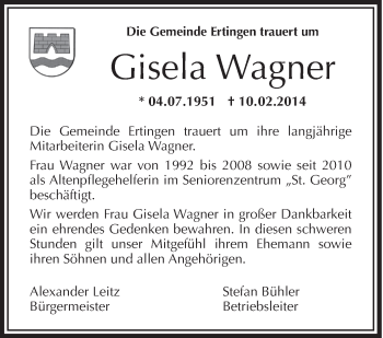 Anzeige von Gisela Wagner von Schwäbische Zeitung