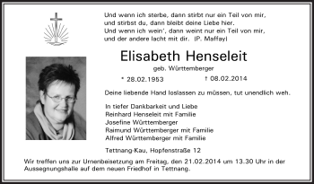 Anzeige von Elisabeth Henseleit von Schwäbische Zeitung
