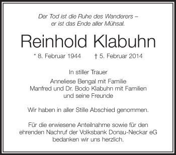 Anzeige von Reinhold Klabuhn von Schwäbische Zeitung