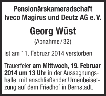 Anzeige von Georg Wüst von Schwäbische Zeitung