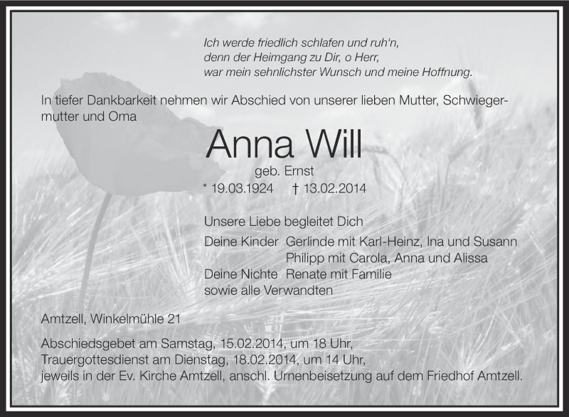  Traueranzeige für Anna Will vom 15.02.2014 aus Schwäbische Zeitung