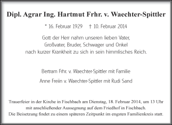 Anzeige von Hartmut Freiherr von Waechter-Spittler von Schwäbische Zeitung