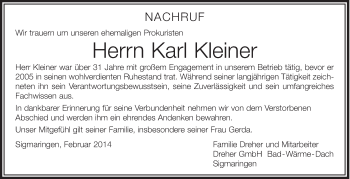 Anzeige von Karl Kleiner von Schwäbische Zeitung
