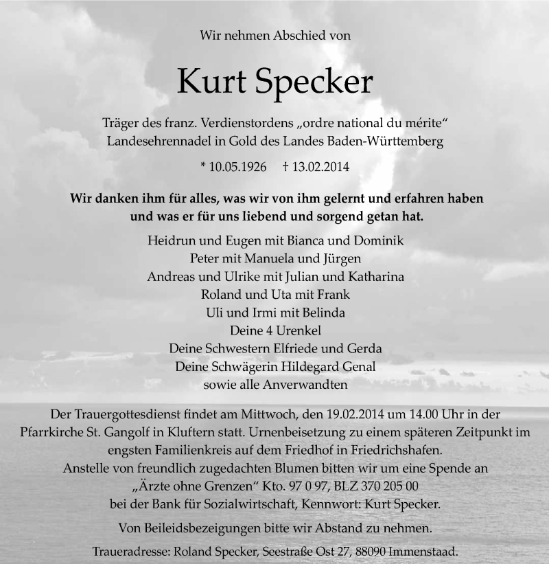 Traueranzeige für Kurt Specker vom 15.02.2014 aus Schwäbische Zeitung