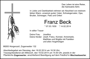 Anzeige von Franz Beck von Schwäbische Zeitung