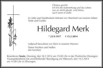 Anzeige von Hildegard Merk von Schwäbische Zeitung