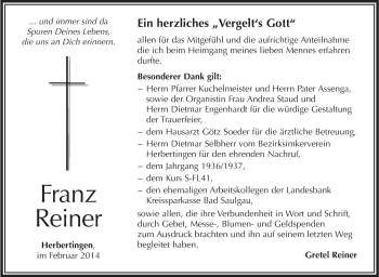 Anzeige von Franz Reiner von Schwäbische Zeitung