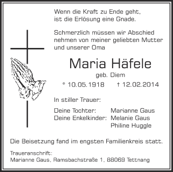 Anzeige von Maria Häfele von Schwäbische Zeitung