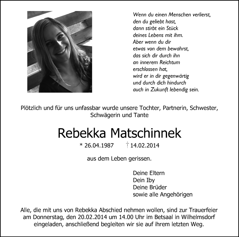  Traueranzeige für Rebekka Matschinnek vom 18.02.2014 aus Schwäbische Zeitung