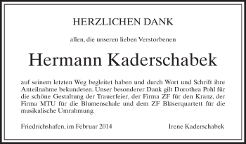 Anzeige von Hermann Kaderschabek von Schwäbische Zeitung