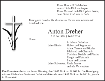 Anzeige von Anton Dreher von Schwäbische Zeitung