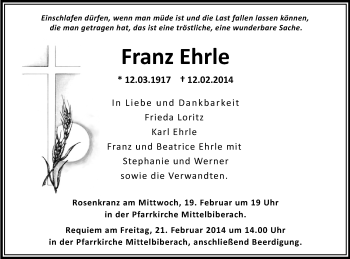 Anzeige von Franz Ehrle von Schwäbische Zeitung