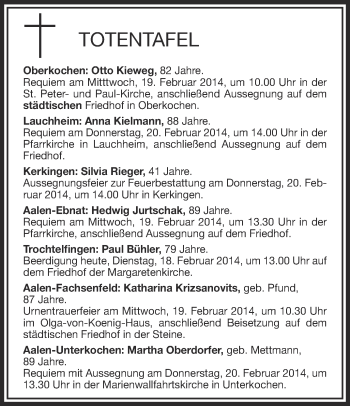 Anzeige von Totentafel vom 18.02.2014 von Schwäbische Zeitung