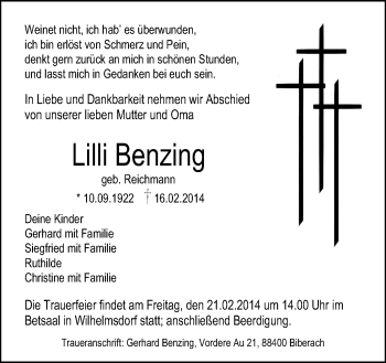 Anzeige von Lilli Benzing von Schwäbische Zeitung