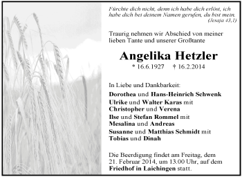 Anzeige von Angelika Hetzler von Schwäbische Zeitung
