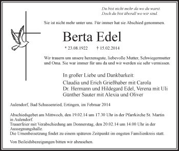 Anzeige von Berta Edel von Schwäbische Zeitung