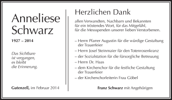 Anzeige von Anneliese Schwarz von Schwäbische Zeitung
