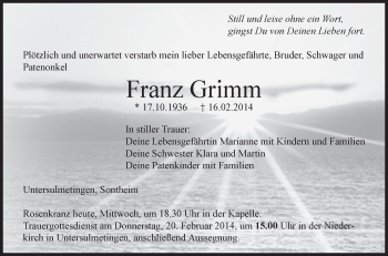 Anzeige von Franz Grimm von Schwäbische Zeitung