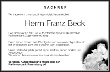 Anzeige von Franz Beck von Schwäbische Zeitung