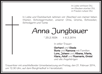 Anzeige von Anna Jungbauer von Schwäbische Zeitung