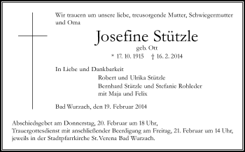 Anzeige von Josefine Stutzle von Schwäbische Zeitung