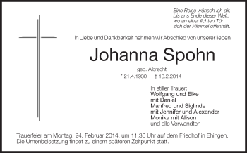 Anzeige von Johanna Spohn von Schwäbische Zeitung