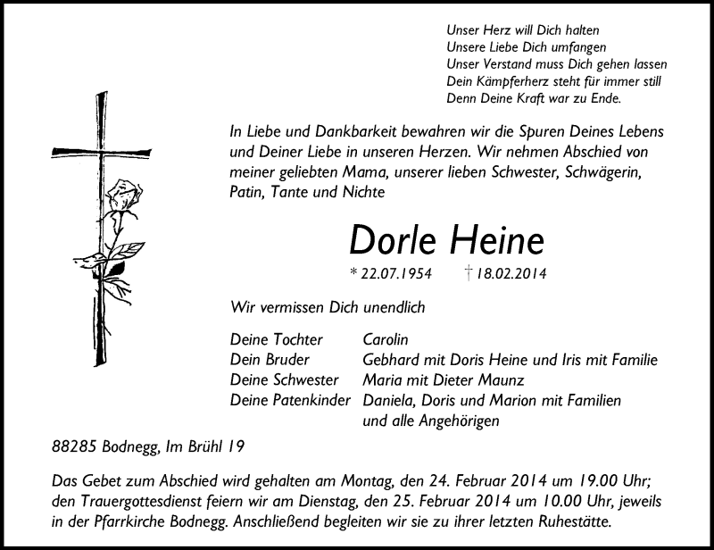  Traueranzeige für Dorle Heinle vom 21.02.2014 aus Schwäbische Zeitung