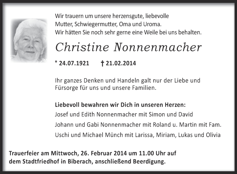 Traueranzeigen von Christine Nonnenmacher | schwaebische.de Trauerportal