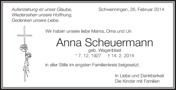 Anzeige von Anna Scheuermann von Schwäbische Zeitung