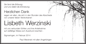 Anzeige von Lisbeth Werzinski von Schwäbische Zeitung