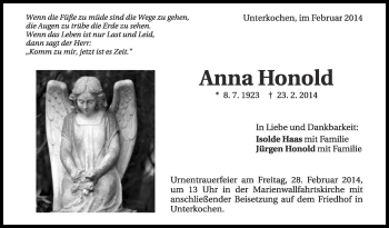 Anzeige von Anna Honold von Schwäbische Zeitung