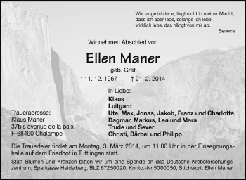 Anzeige von Ellen Maner von Schwäbische Zeitung